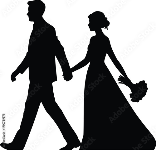 A silhouette of a bride and groom walking hand in hand on their wedding day.