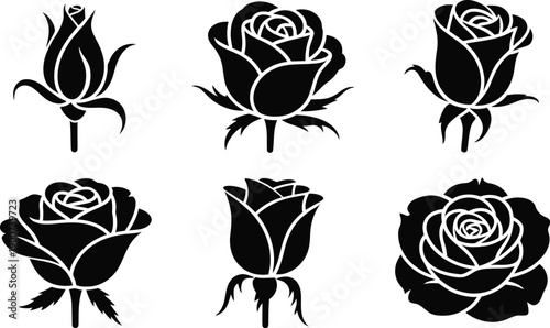 A collection of six black and white rose illustrations in various stages of bloom