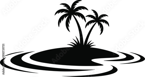 Black silhouette of a tropical island with two palm trees and gentle ocean waves.