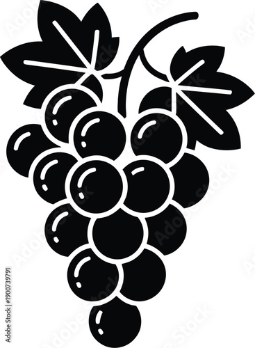 A black and white illustration of a bunch of grapes with leaves