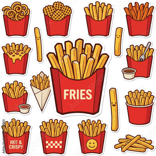 Cute French Fries Vector Sticker. Golden crispy potato chips in red carton box isolated.
