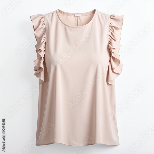 Elegant light pink ruffle sleeve blouse on a crisp white background exudes subtle charm