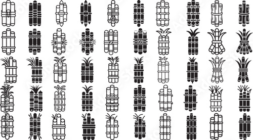 set of black dynamite sticks and firecrackers in various designs on white background