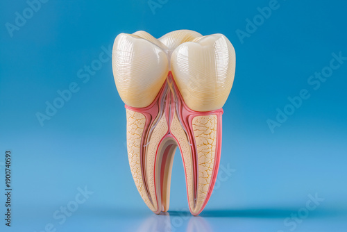 Anatomical cross-section of a human molar tooth on a blue background.