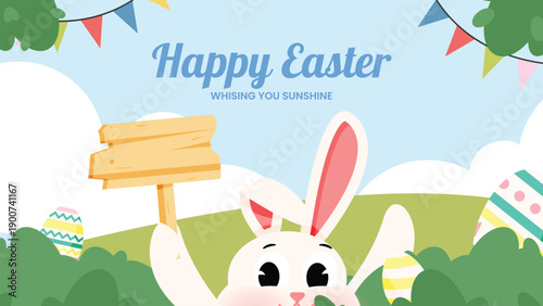 Easter Sale Banner with Bunny and Wooden Sign Illustration