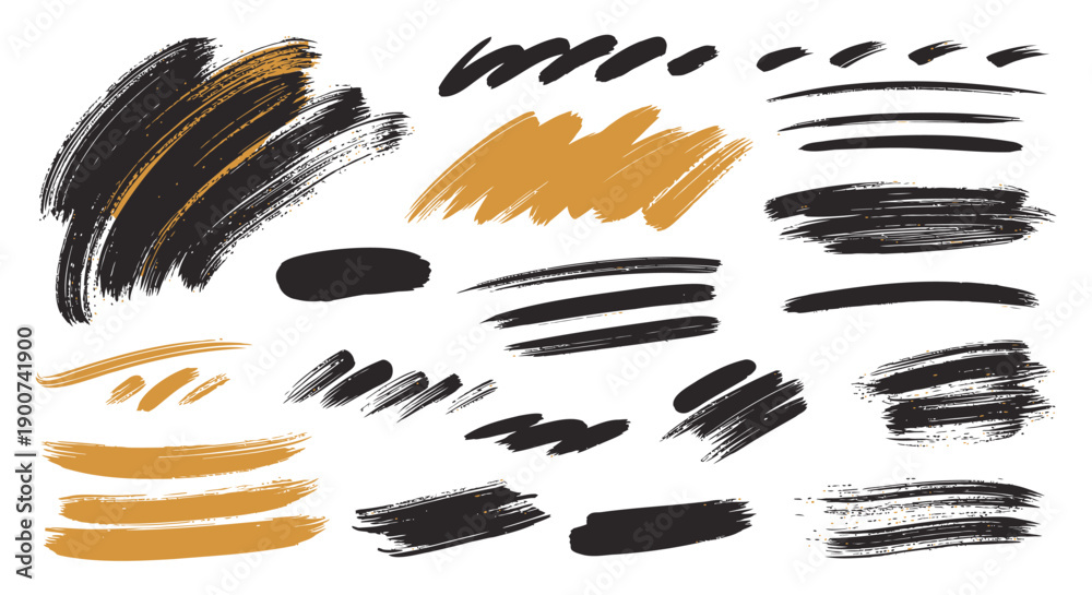 Fototapeta premium Black and golden brush strokes, vector illustration of abstract painting elements, for design or artistic projects, overlay effect, texture, pattern, Isolated on transparent background, png
