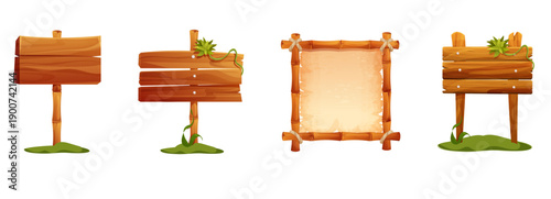 Wooden signboard frame set, border board, jungle decoration brown plank. Rustic textured tree panel frames with bamboo and grass fastened with timber nails and natural rope. Ui game asset 