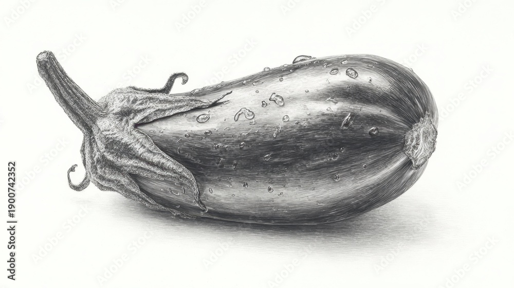 custom made wallpaper toronto digitalGraphite drawing of a whole eggplant with water drops and detailed smooth surface on white background