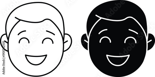 Happy smiling young boy face with joyful expression for childhood avatar and positive emotion character Vector Silhouette and Pictogram Icon Set.eps