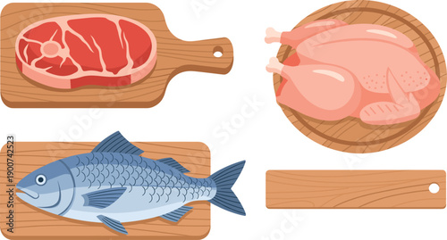 Set of fresh raw meat, fish and whole chicken on wooden cutting boards, butcher shop food flat vector illustration
