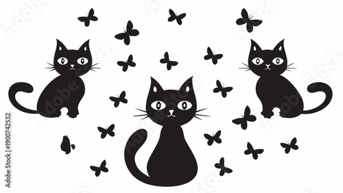 Three black cats surrounded by butterflies illustration