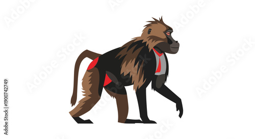 Illustration of a baboon walking with distinctive fur and facial features.