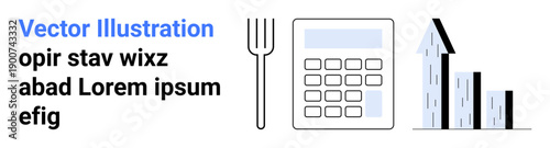 Finance, budgeting, investment planning, business growth, food expenses, income tracking. A fork next to a calculator and rising bar graph. Finance and budgeting concept