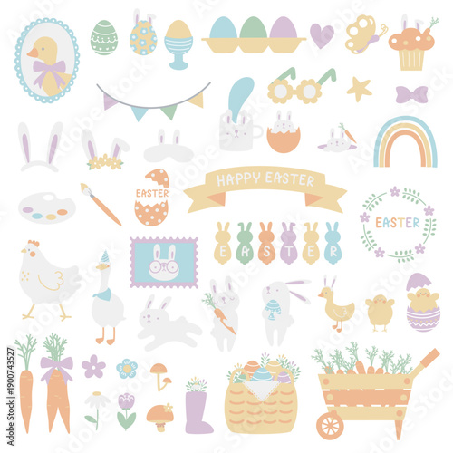 happy easter festival with animal pet bunny rabbit and egg element set, pastel color, flat vector illustration cartoon character