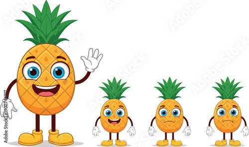 Set of cute cartoon pineapple mascot characters in different sizes flat vector illustration