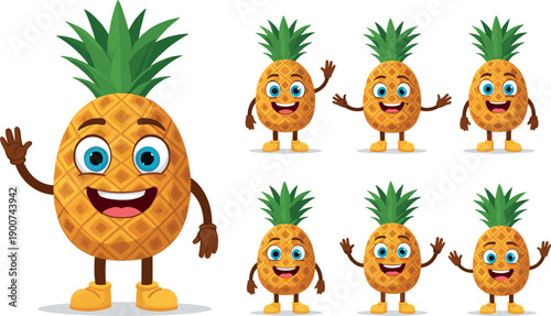Set of cute cartoon pineapple mascot characters in different waving poses flat vector illustration