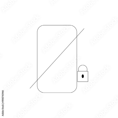 Access denied icon showing door with padlock and diagonal line. Minimal line symbol representing blocked access, forbidden entry or restricted area.