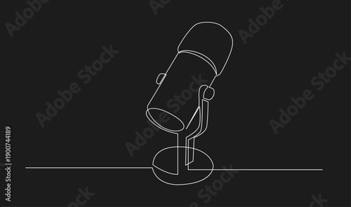 Continuous One Line Art Drawing of a Modern Studio Microphone. Minimalist Vector Illustration of Sound Recording Equipment on a Black Background.
