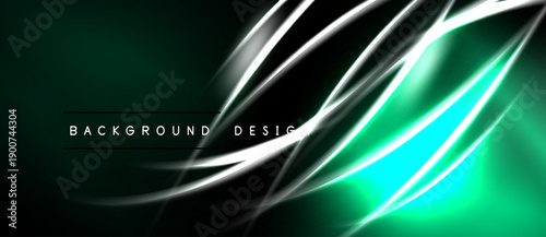 Abstract background features flowing white lines over dark green, turquoise gradients. Text reads background design. Modern, dynamic visual.