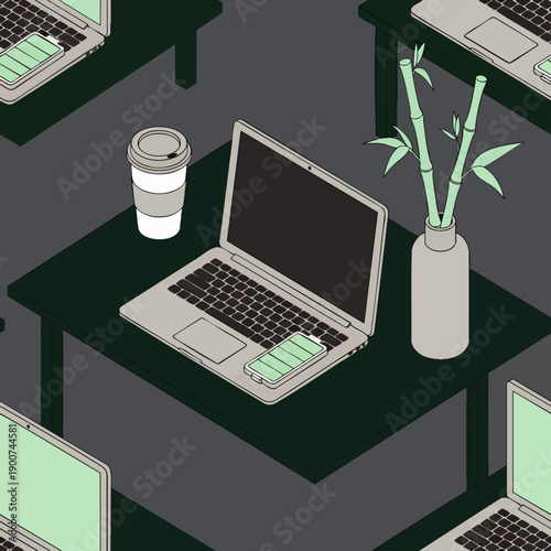 Seamless isometric pattern of a modern desk with laptops, coffee cup, and bamboo plant, representing remote work and technology.