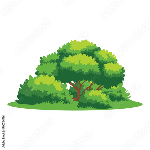 Illustration of a large tree surrounded by bushes on a green lawn against a white background.