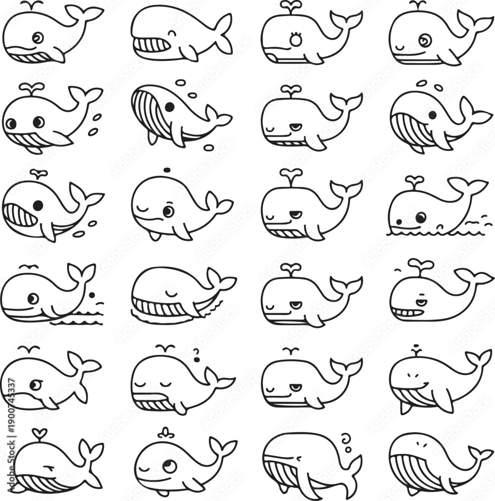Obraz premium Collection of Cute Cartoon Whales with Various Expressions and Poses, Stock Media