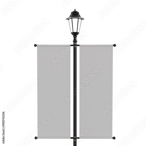 3d render Classic black street lamp with two blank vertical banners. Isolated mockup for outdoor advertising, event promotion, and branding signage