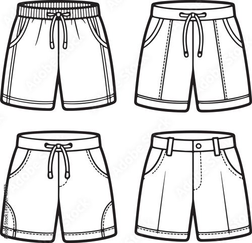 Board shorts, surf shorts, swim shorts fashion flat sketch vector illustration templates. CAD mockup.