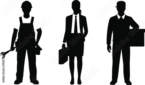 Three silhouettes of business people and a worker isolated on white background.