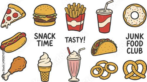 Delicious Junk Food Icons - Pizza, Burger, Fries, Tacos & Treats Vector Pack