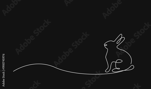 Minimalist Continuous Line Art Drawing of a Sitting Rabbit on a Black Background, Elegant Animal Design
