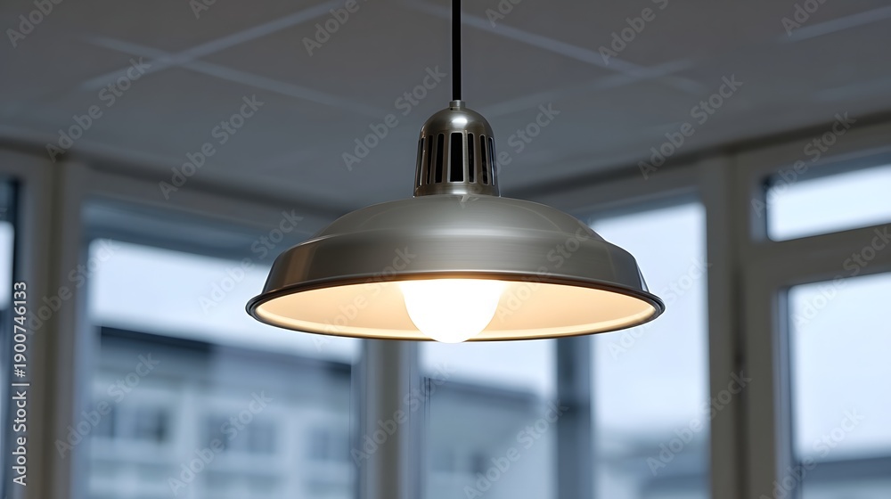Obraz premium A modern silver pendant light fixture illuminates a contemporary interior space with a warm bright glow