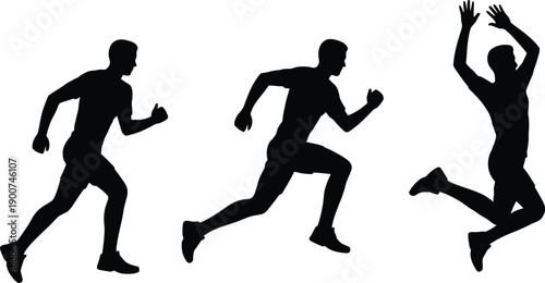 Three black silhouettes of men running and jumping isolated on white background.