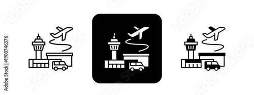 Airport  Solid color and black line drawing vector illustration set