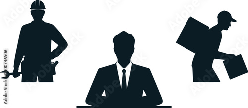 Three silhouettes of business professionals in various poses on gray background.