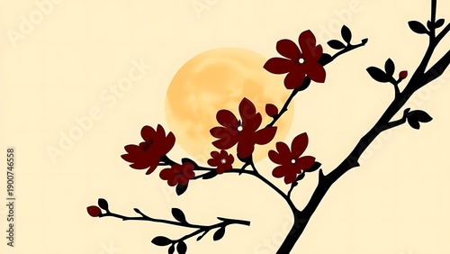 Enchanting Full Moon Night with Delicate Asian Blossom Branch Illustration and Serene Traditional Aesthetic