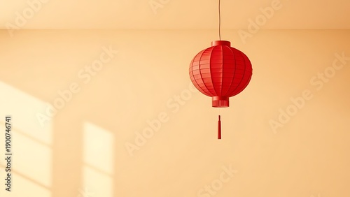 Vibrant red paper lantern gracefully suspended against a warm, minimalist wall, casting gentle shadows and symbolizing tradition and festive celebration in an inviting interior space
