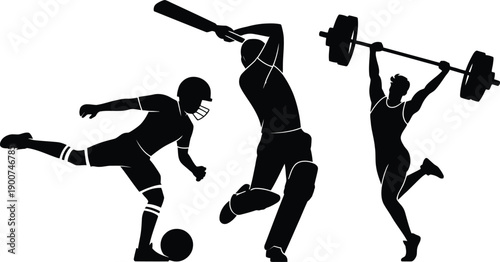 Black silhouettes of three athletes engaging in different sports isolated on white background.