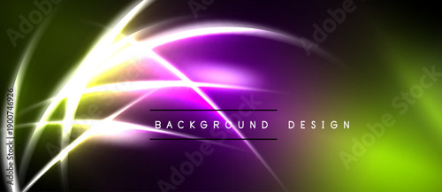 Abstract neon lines create vibrant energy. Purple, green, yellow hues blend into dark background. Modern design element.