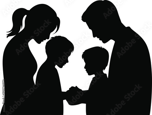 Silhouette of a family with two parents and two children holding hands in a heartwarming moment.