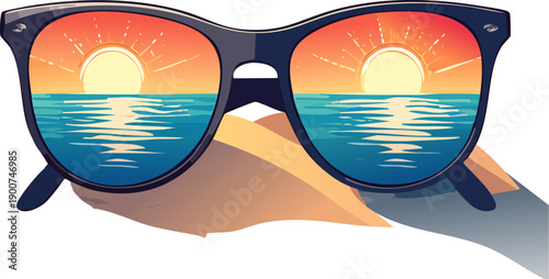 Dark framed sunglasses reflecting a colorful beach sunset over the calm ocean, with a peaceful summer mood, isolated white background.