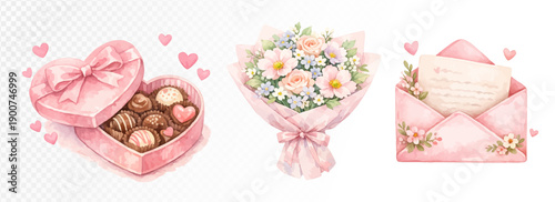 Romantic gift set with heart shaped box of chocolates, bouquet of flowers and envelope with letter, love themed composition in soft pink tones and tender celebration mood