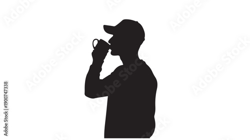 Man Drinking from Bottle in Silhouette with Dark Tone on White Background for Advertising