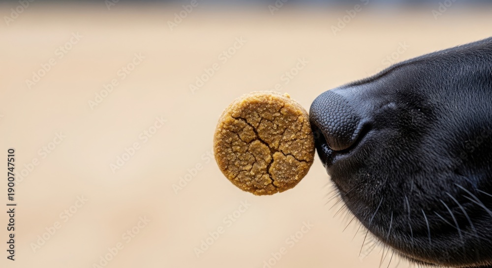 Naklejka premium Dog treat presented close to black dog's nose, showing pet's curious investigation of delicious snack. Healthy dog treat designed for training and rewarding good behavior.