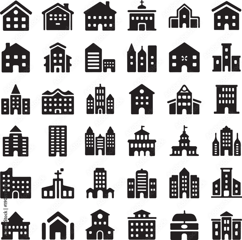 Obraz premium Building Icons Set - Black and White Icon Collection, Vector Illustration