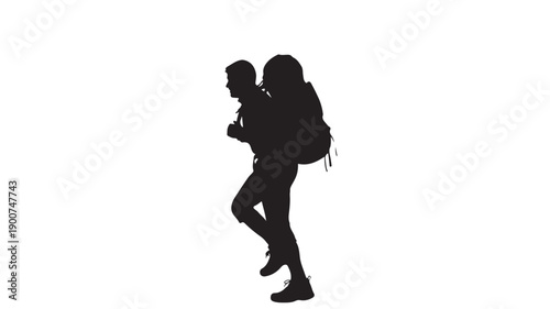 Silhouette of hiker carrying child in adventurous pose with dramatic lighting on white background for outdoor activities