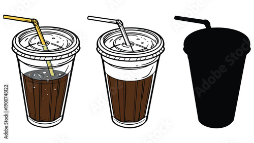 An illustration of three disposable cups with straws on a white background