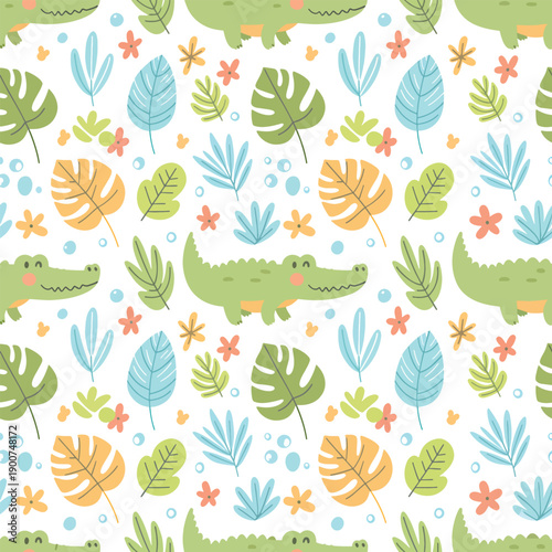 Cute Cartoon Crocodile and Tropical Leaves Seamless Vector Pattern for Kids