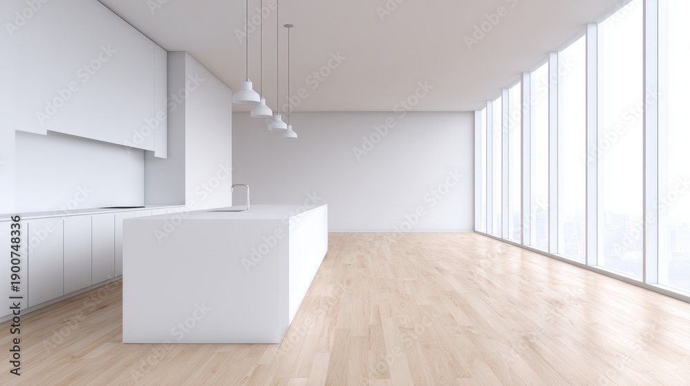 Fototapeta premium Bright Modern Kitchen Interior with Large Windows and Wooden Flooring