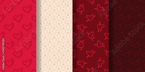Set of seamless patterns in pixel art style. Backgrounds with hearts made of bits. Prints for textiles, paper, packaging, vector graphics